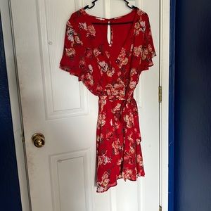 Red Floral faux wrap dress